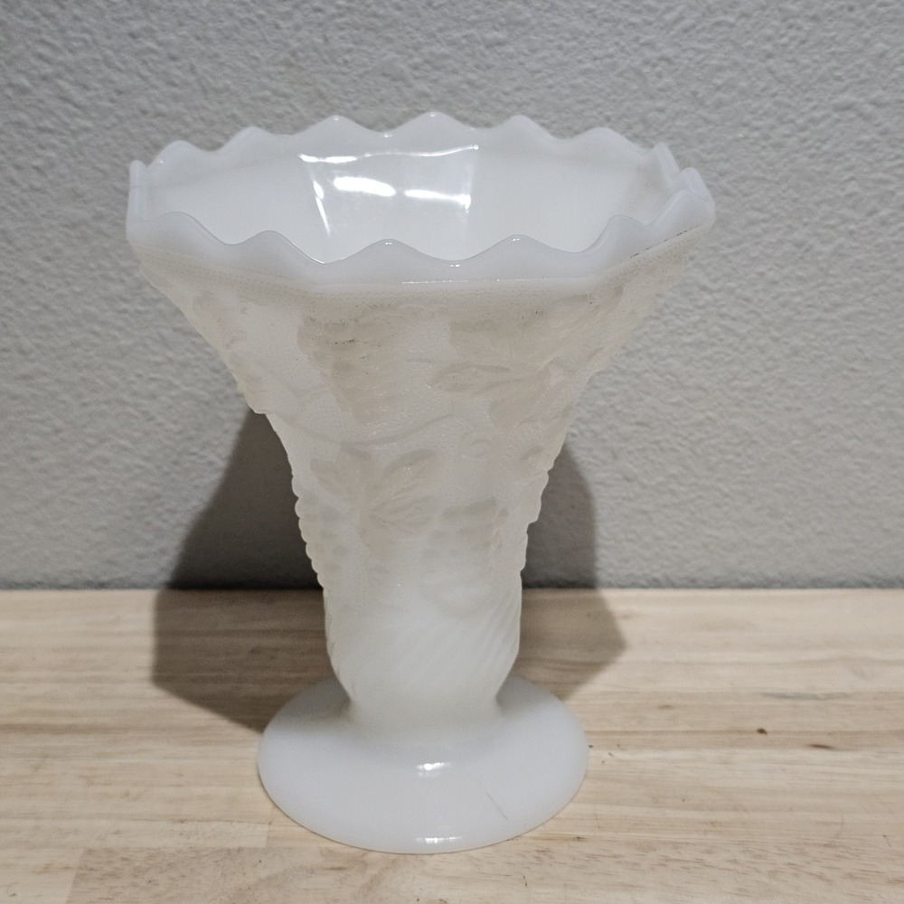 Milk Glass White Vase Grapes Leaves Pattern Textured Glossy 6 in Opaque